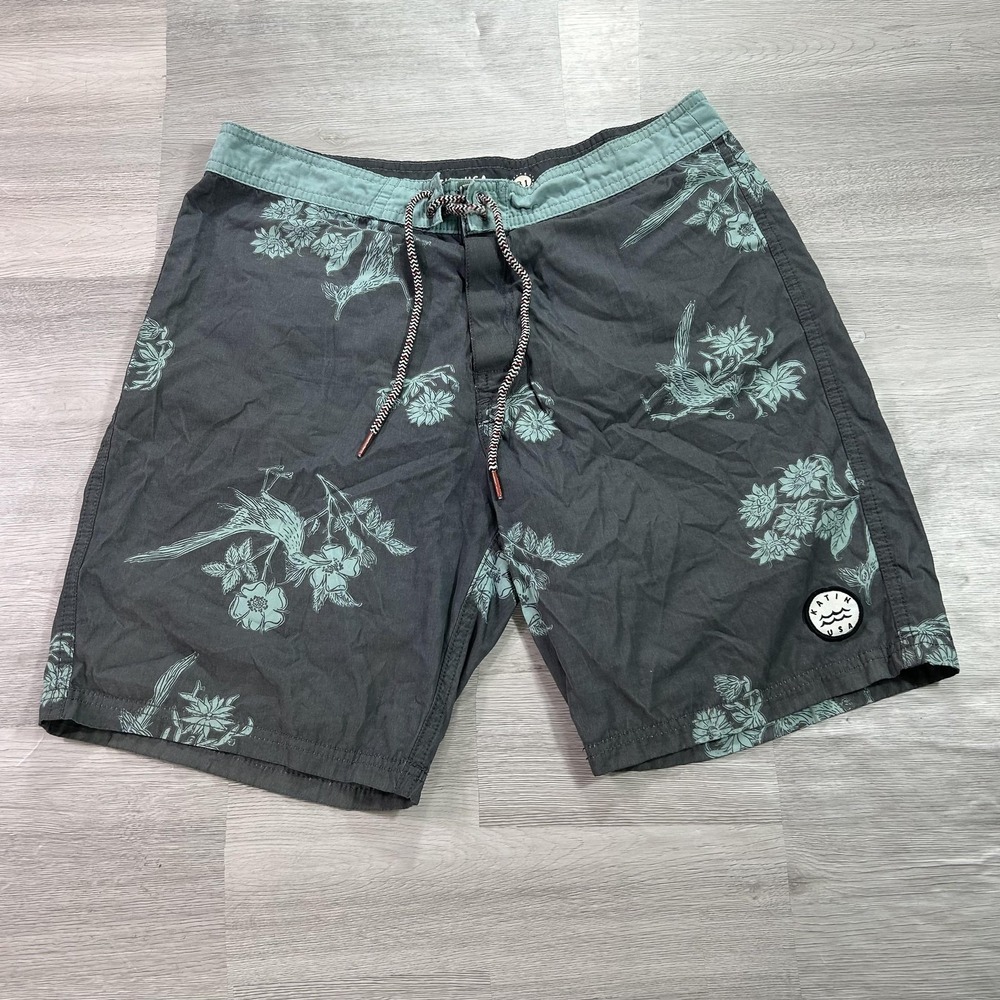 Katin USA Boardshorts Mens 32 Gray Floral Bird Tropical Surf Swim Trunks